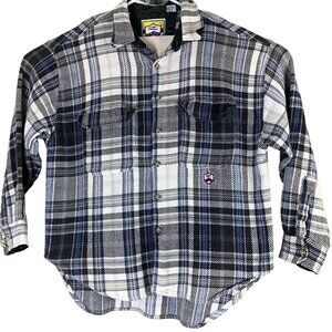 Vintage Flannel Shirt Size Large White Blue Plaid Long Sleeved Button Mens Ziza
